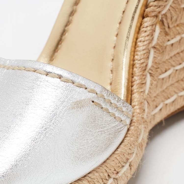 Pre Owned Prada Silver/White Leather Ankle Strap Platform Wedge Sandals Size 36