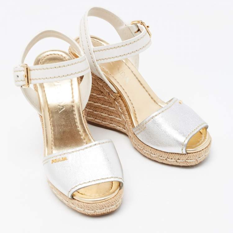 Pre Owned Prada Silver/White Leather Ankle Strap Platform Wedge Sandals Size 36