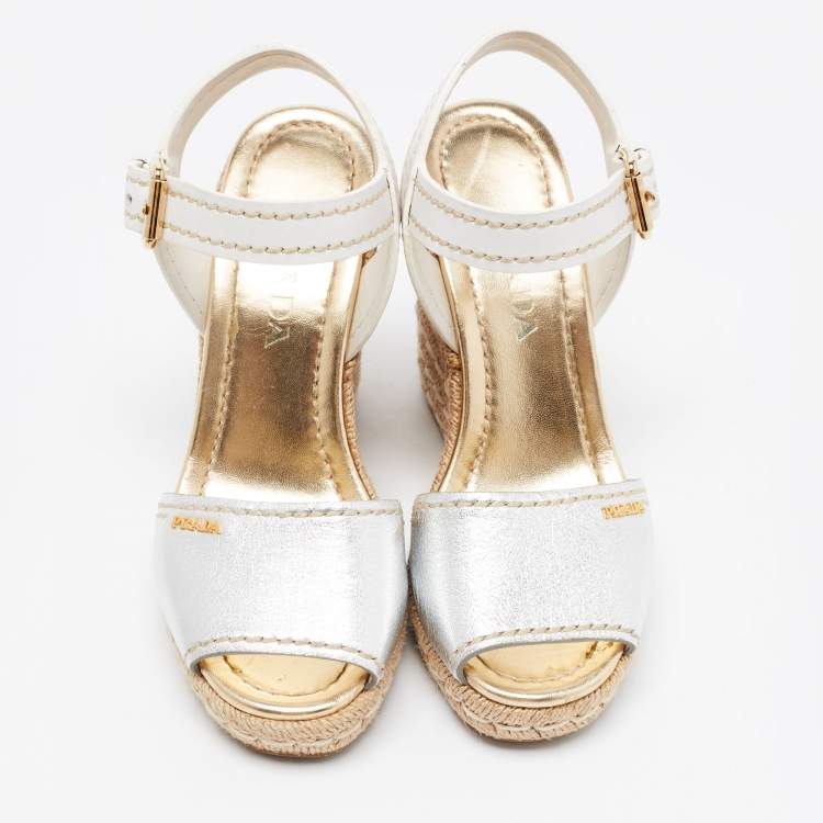 Pre Owned Prada Silver/White Leather Ankle Strap Platform Wedge Sandals Size 36