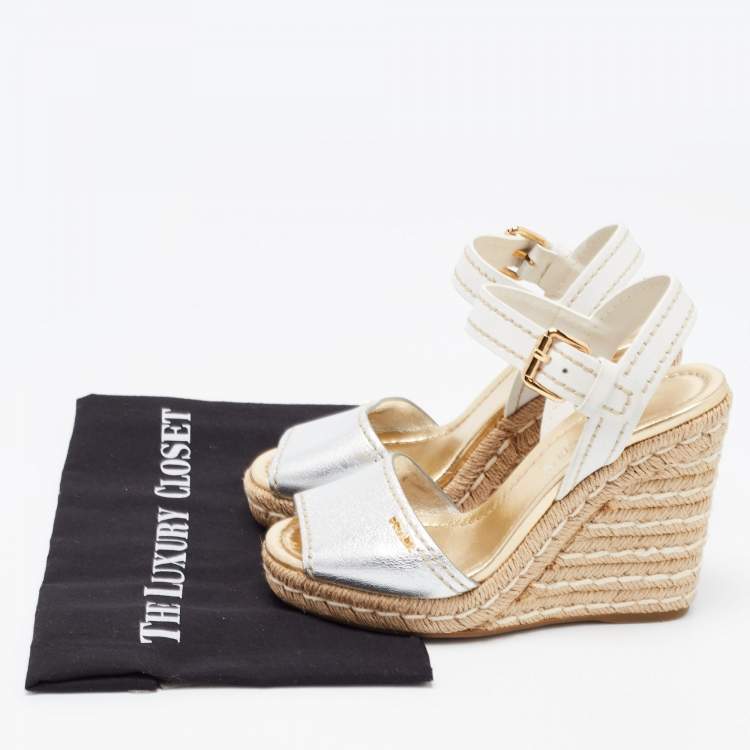 Pre Owned Prada Silver/White Leather Ankle Strap Platform Wedge Sandals Size 36