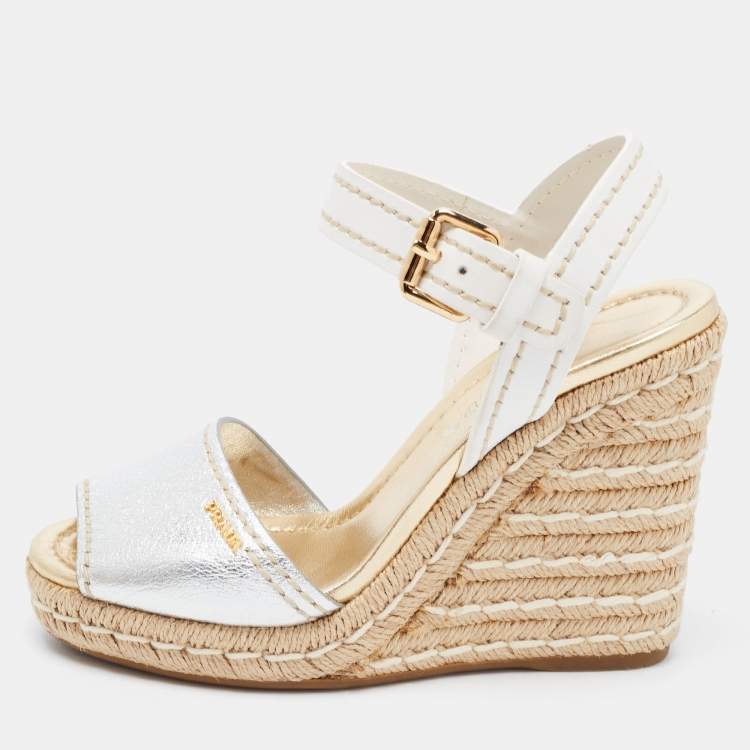 Pre Owned Prada Silver/White Leather Ankle Strap Platform Wedge Sandals Size 36