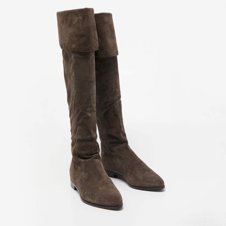 Pre Owned Prada Dark Brown Suede Fold Over Knee Length Boots Size 37