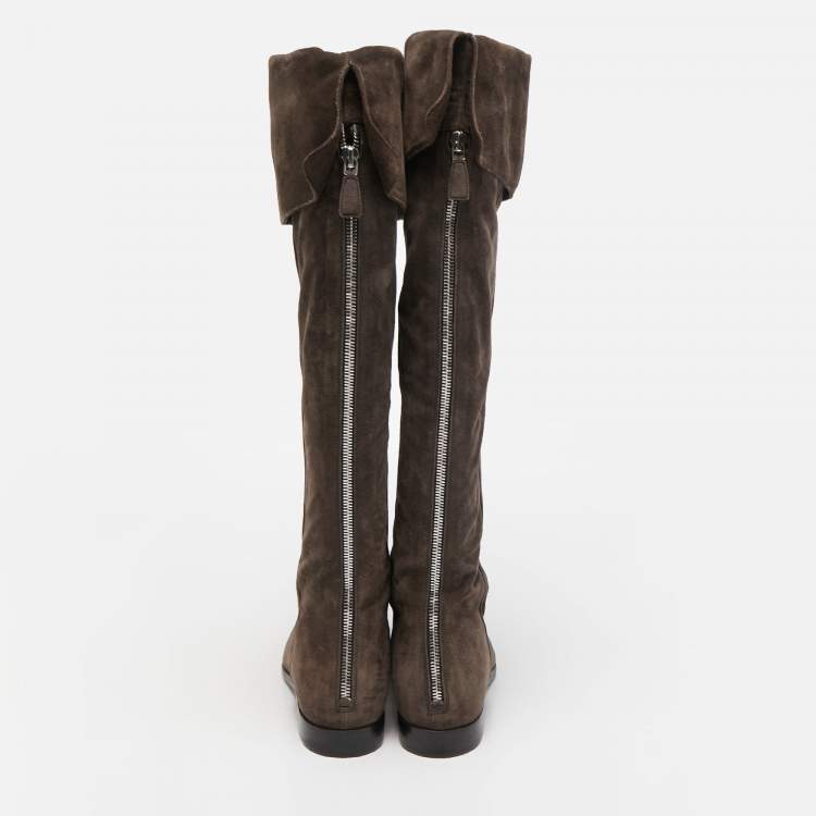 Pre Owned Prada Dark Brown Suede Fold Over Knee Length Boots Size 37