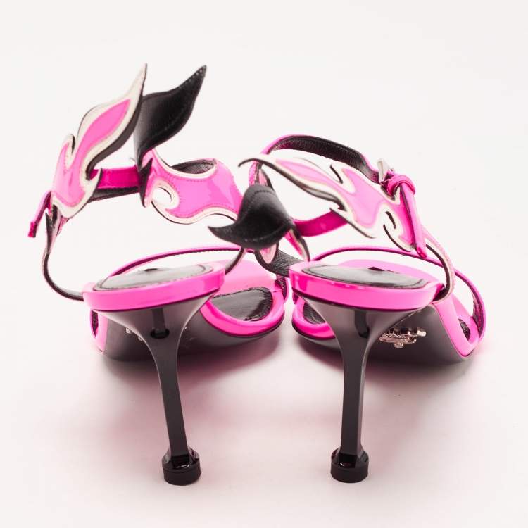 Pre Owned Prada Pink/Black Patent and Leather Flame Sandals Size 36.5