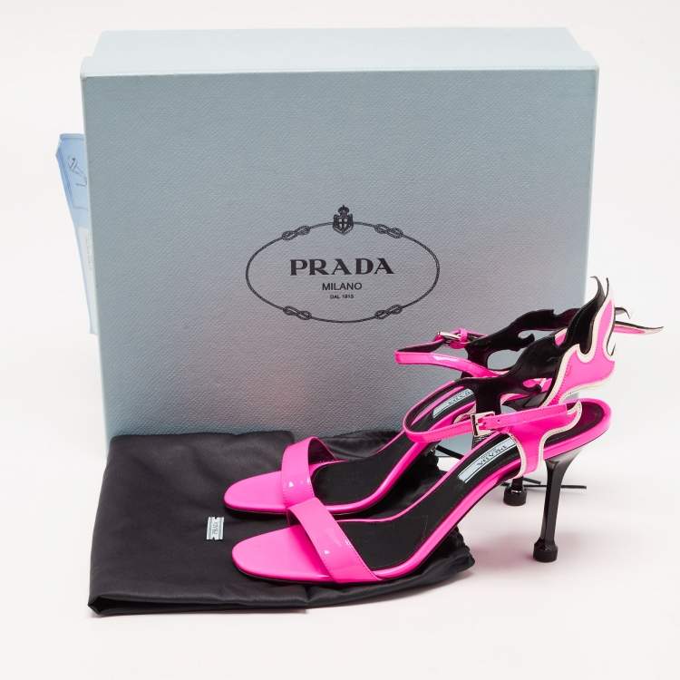 Pre Owned Prada Pink/Black Patent and Leather Flame Sandals Size 36.5