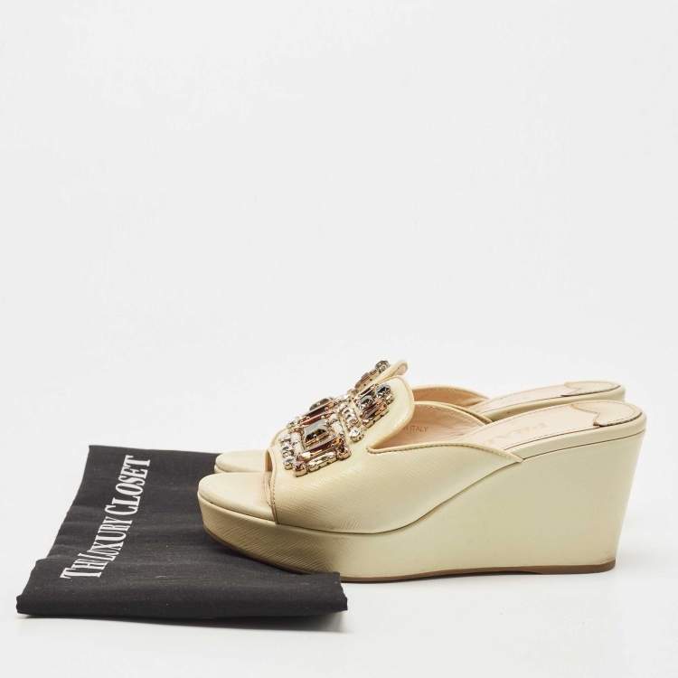 Pre Owned Prada Beige Saffiano Patent Leather Crystal Embellished Platform Wedge Sandals Size 36.5