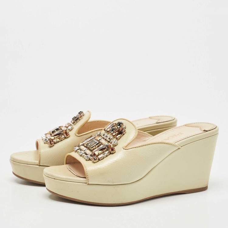 Pre Owned Prada Beige Saffiano Patent Leather Crystal Embellished Platform Wedge Sandals Size 36.5