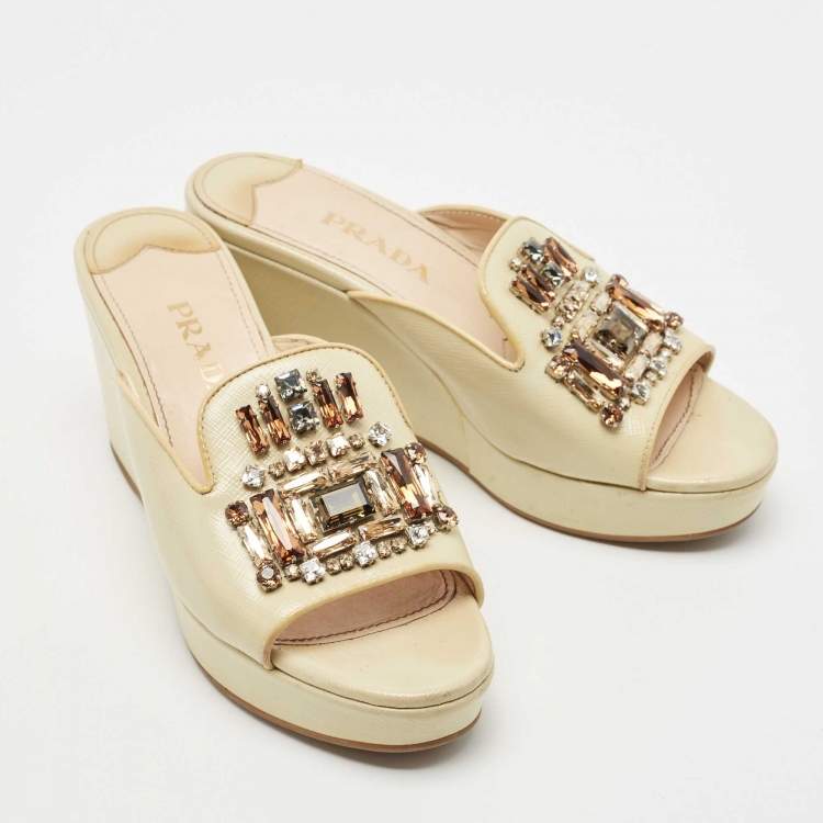 Pre Owned Prada Beige Saffiano Patent Leather Crystal Embellished Platform Wedge Sandals Size 36.5