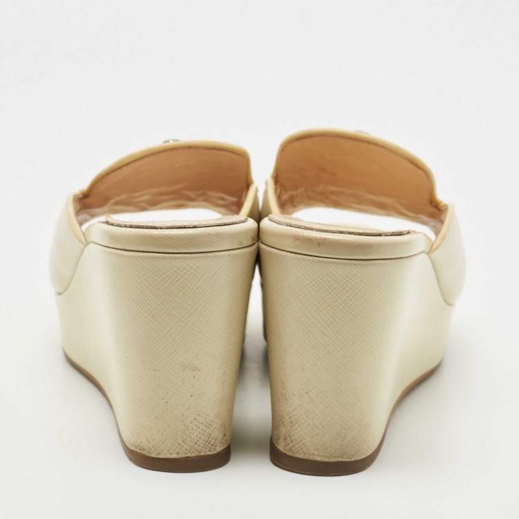 Pre Owned Prada Beige Saffiano Patent Leather Crystal Embellished Platform Wedge Sandals Size 36.5