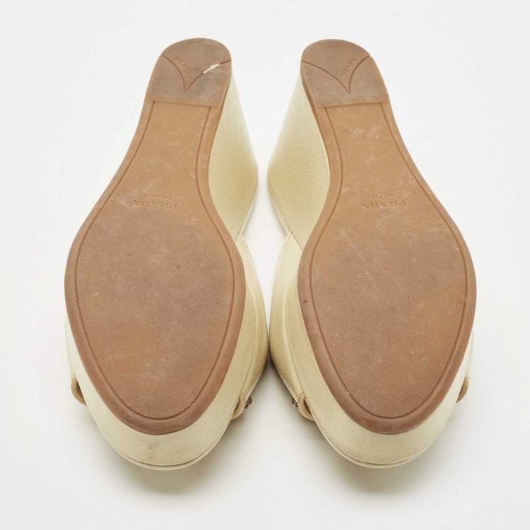 Pre Owned Prada Beige Saffiano Patent Leather Crystal Embellished Platform Wedge Sandals Size 36.5