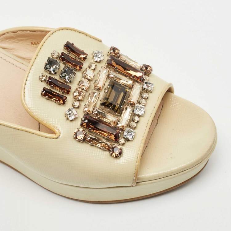 Pre Owned Prada Beige Saffiano Patent Leather Crystal Embellished Platform Wedge Sandals Size 36.5