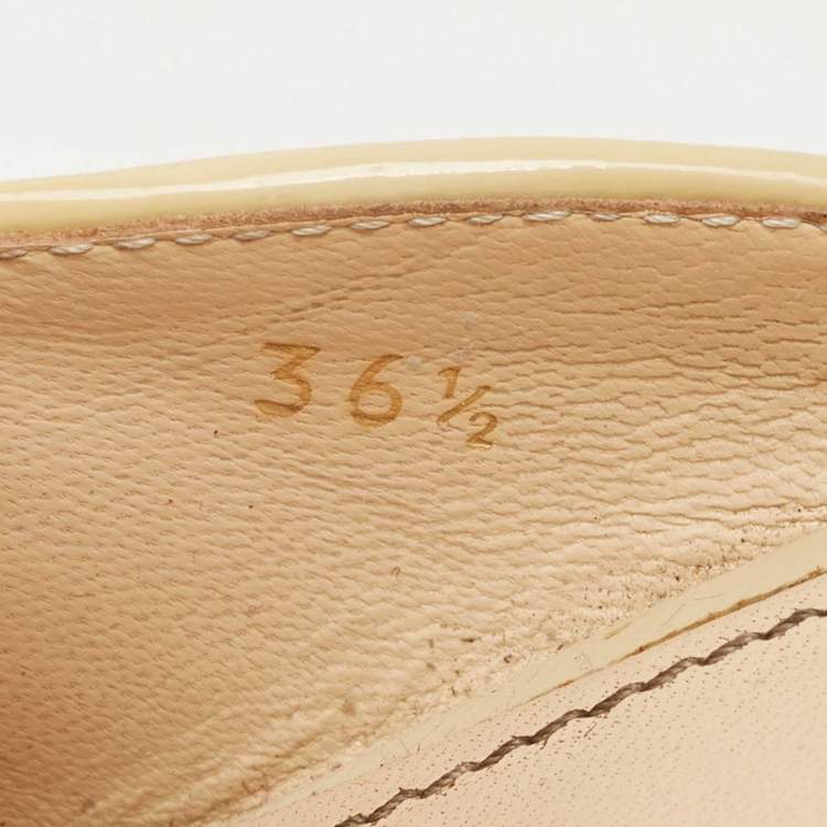 Pre Owned Prada Beige Saffiano Patent Leather Crystal Embellished Platform Wedge Sandals Size 36.5