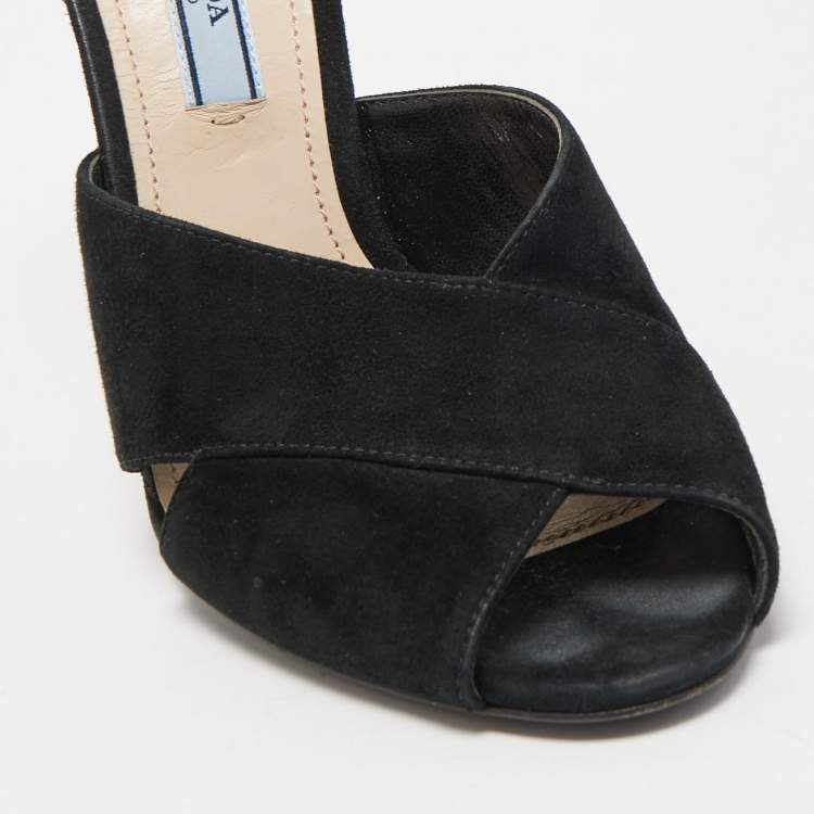 Pre Owned Prada Black Suede Criss Cross Slide Sandals Size 37