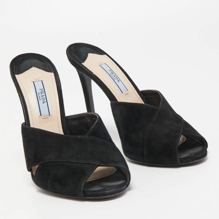 Pre Owned Prada Black Suede Criss Cross Slide Sandals Size 37