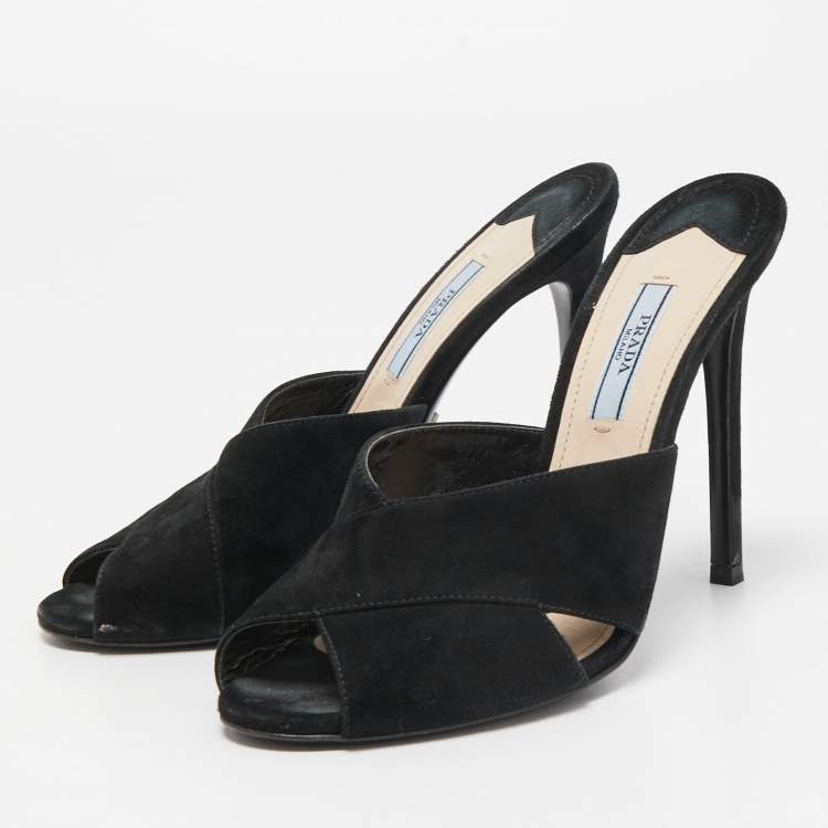 Pre Owned Prada Black Suede Criss Cross Slide Sandals Size 37