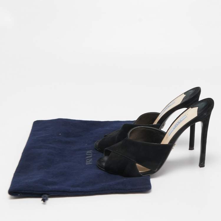 Pre Owned Prada Black Suede Criss Cross Slide Sandals Size 37