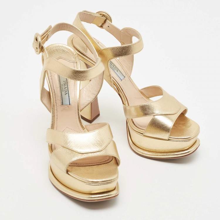 Pre Owned Prada Metallic Gold Leather Ankle Strap Sandals Size 36.5
