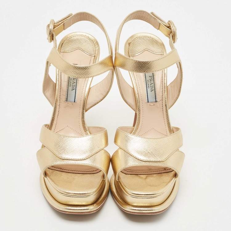 Pre Owned Prada Metallic Gold Leather Ankle Strap Sandals Size 36.5