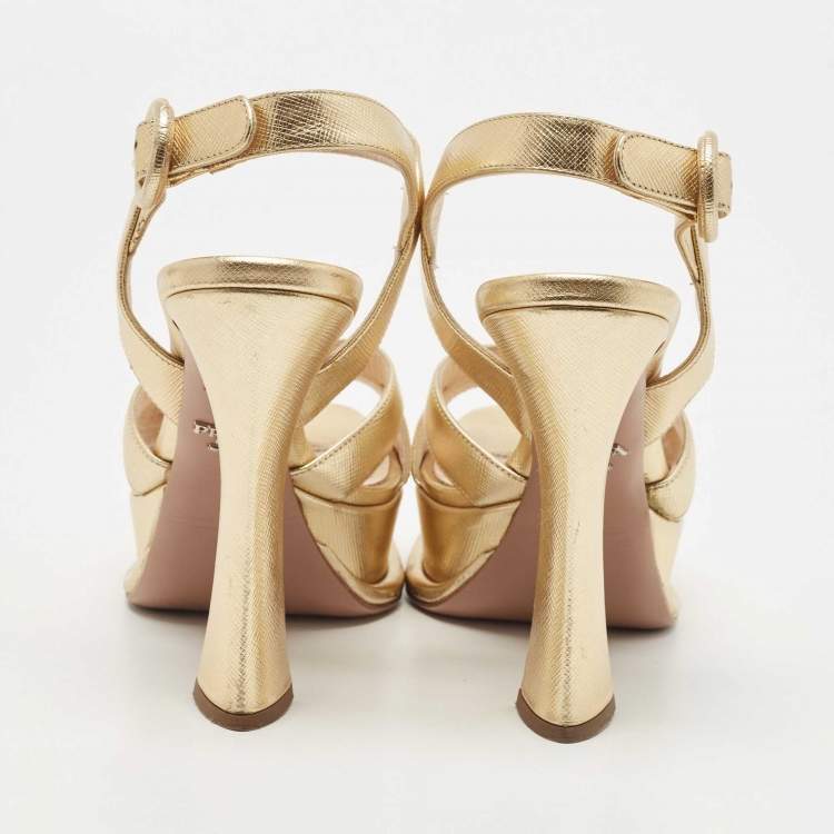 Pre Owned Prada Metallic Gold Leather Ankle Strap Sandals Size 36.5