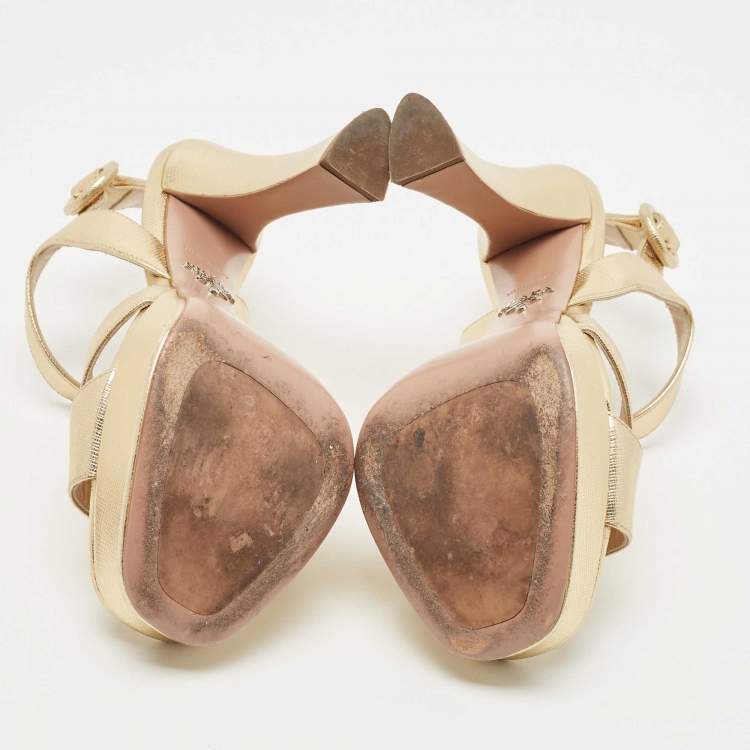 Pre Owned Prada Metallic Gold Leather Ankle Strap Sandals Size 36.5