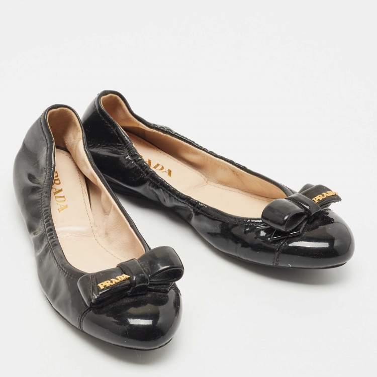 Pre Owned Prada Black Patent Leather Bow Detail Ballet Flats Size 36.5