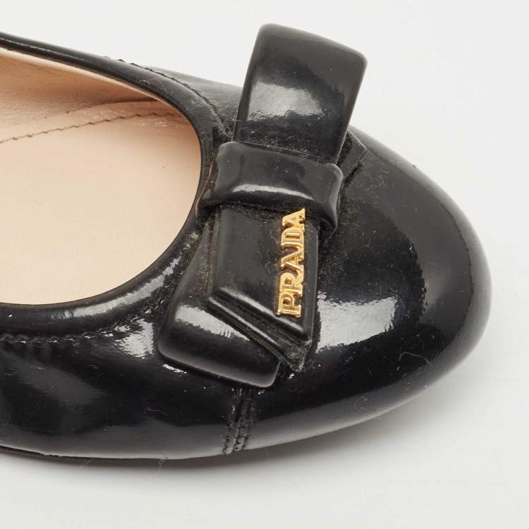 Pre Owned Prada Black Patent Leather Bow Detail Ballet Flats Size 36.5
