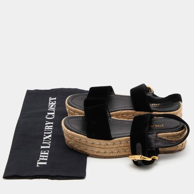 Pre Owned Prada Black Velvet Espadrille Wedge Ankle Strap Sandals Size 36