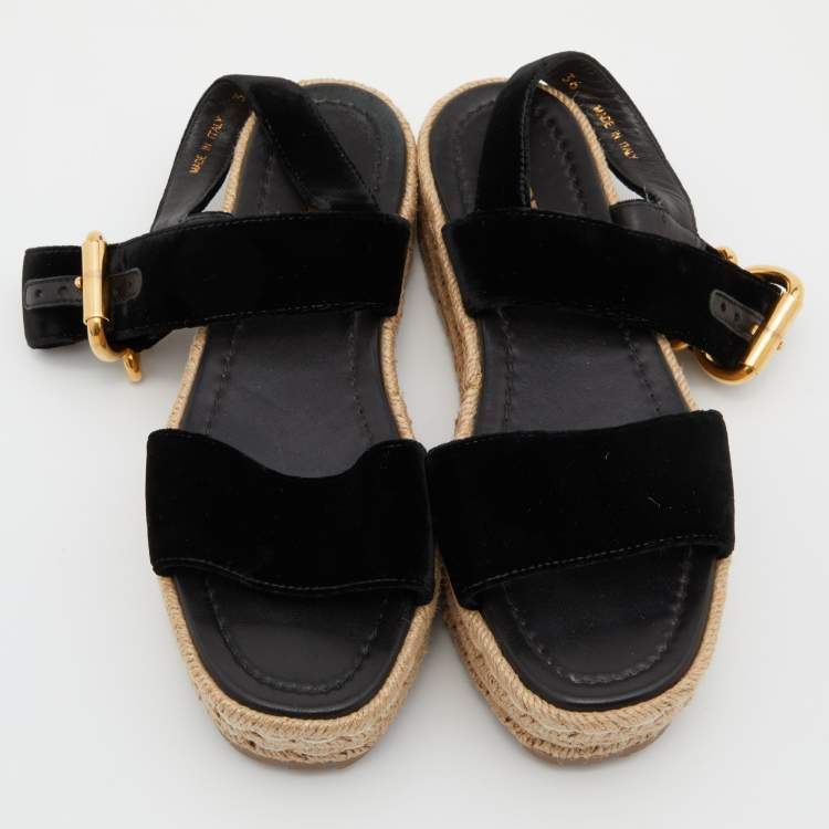 Pre Owned Prada Black Velvet Espadrille Wedge Ankle Strap Sandals Size 36