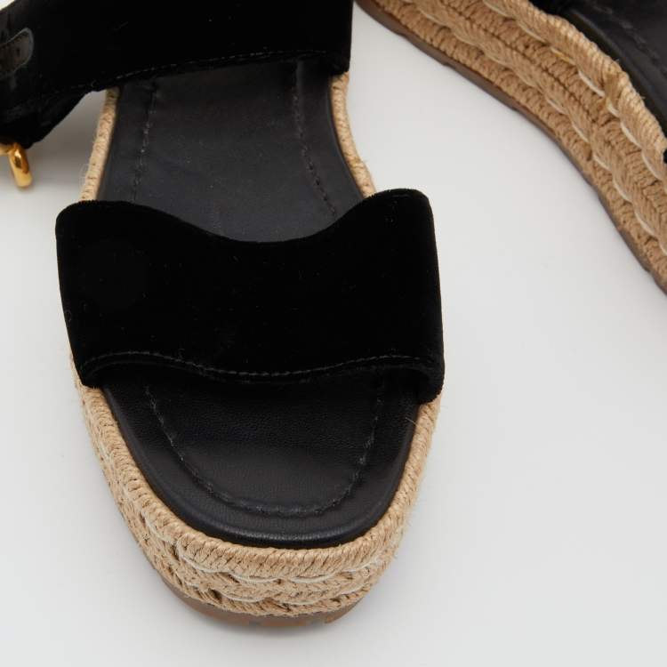 Pre Owned Prada Black Velvet Espadrille Wedge Ankle Strap Sandals Size 36
