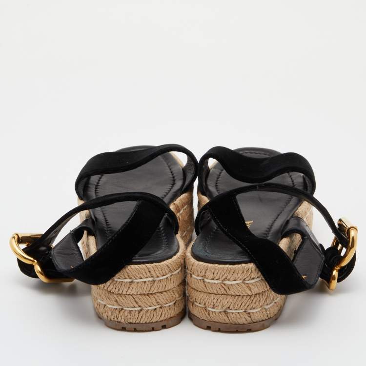 Pre Owned Prada Black Velvet Espadrille Wedge Ankle Strap Sandals Size 36