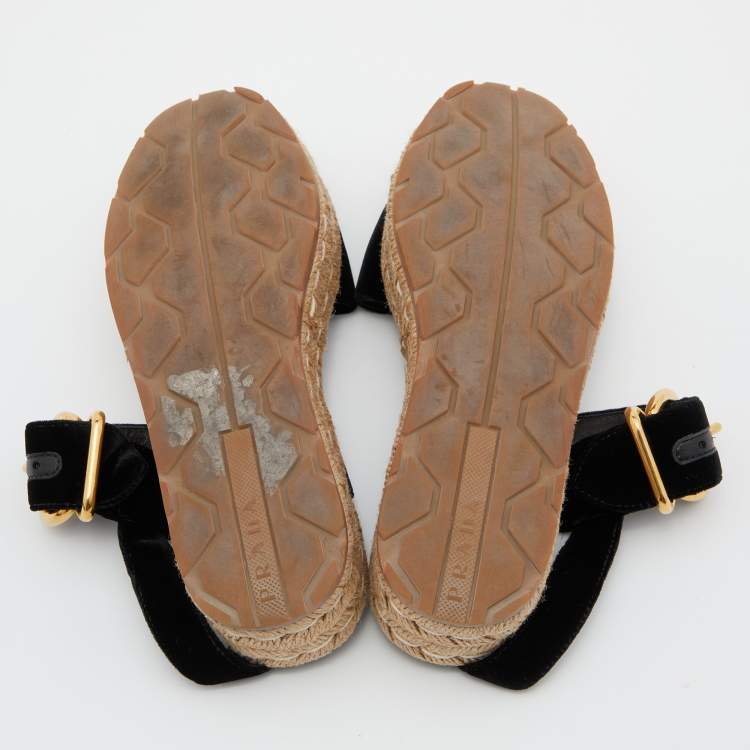 Pre Owned Prada Black Velvet Espadrille Wedge Ankle Strap Sandals Size 36