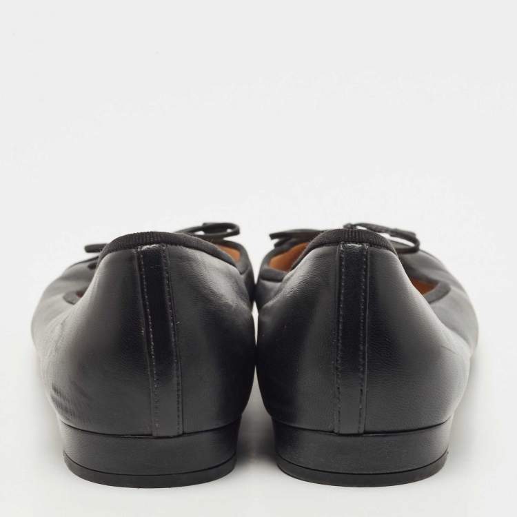 Pre Owned Prada Black Leather and Patent Cap Toe Bow Ballet Flats Size 42