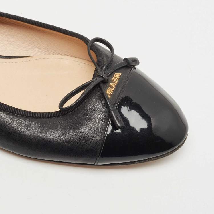 Pre Owned Prada Black Leather and Patent Cap Toe Bow Ballet Flats Size 42