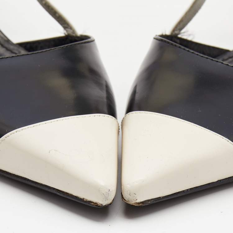 Pre Owned Prada Black/White Leather and Rubber Mary Jane Slingback Pumps Size 39.5