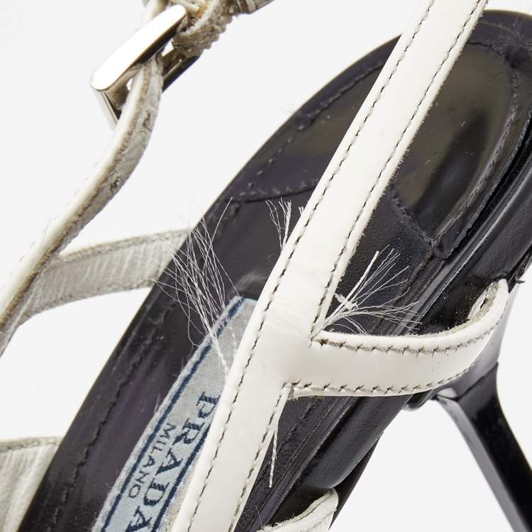 Pre Owned Prada Black/White Leather and Rubber Mary Jane Slingback Pumps Size 39.5