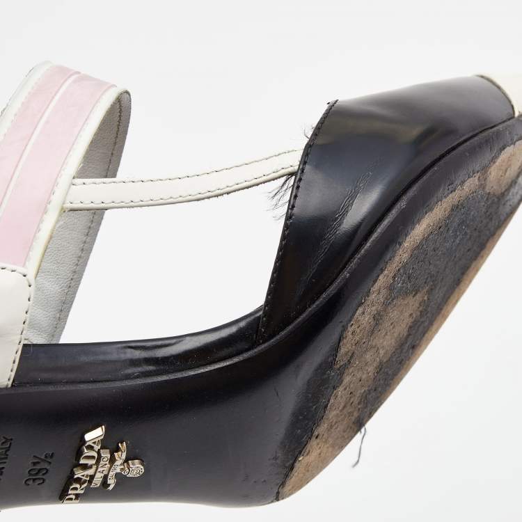 Pre Owned Prada Black/White Leather and Rubber Mary Jane Slingback Pumps Size 39.5