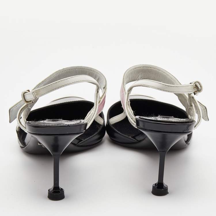 Pre Owned Prada Black/White Leather and Rubber Mary Jane Slingback Pumps Size 39.5