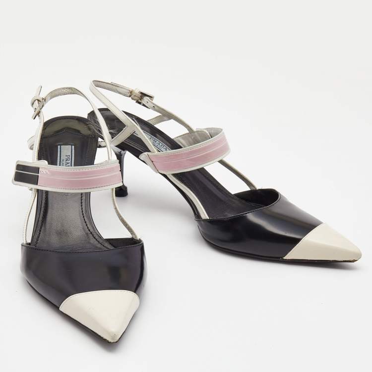 Pre Owned Prada Black/White Leather and Rubber Mary Jane Slingback Pumps Size 39.5
