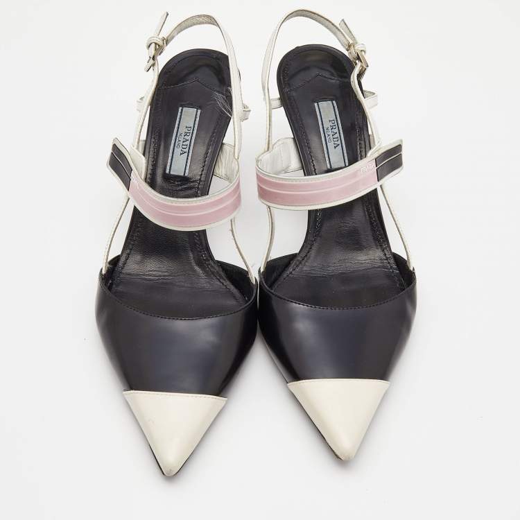 Pre Owned Prada Black/White Leather and Rubber Mary Jane Slingback Pumps Size 39.5