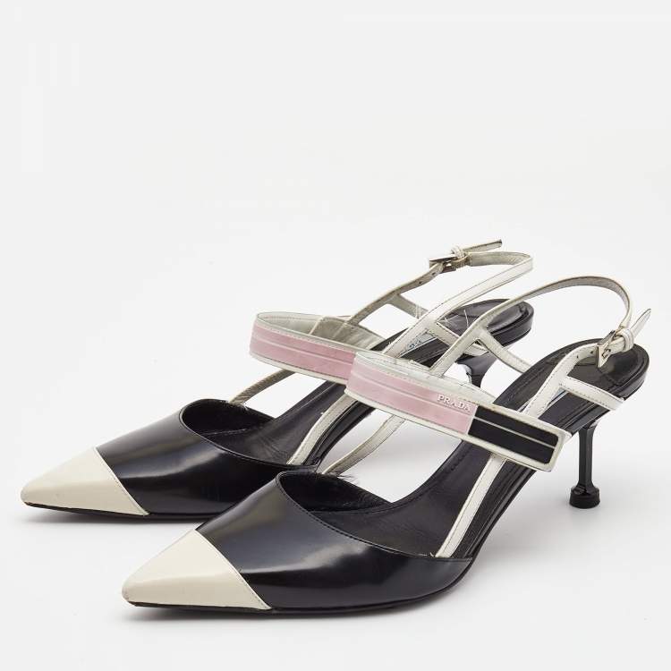 Pre Owned Prada Black/White Leather and Rubber Mary Jane Slingback Pumps Size 39.5