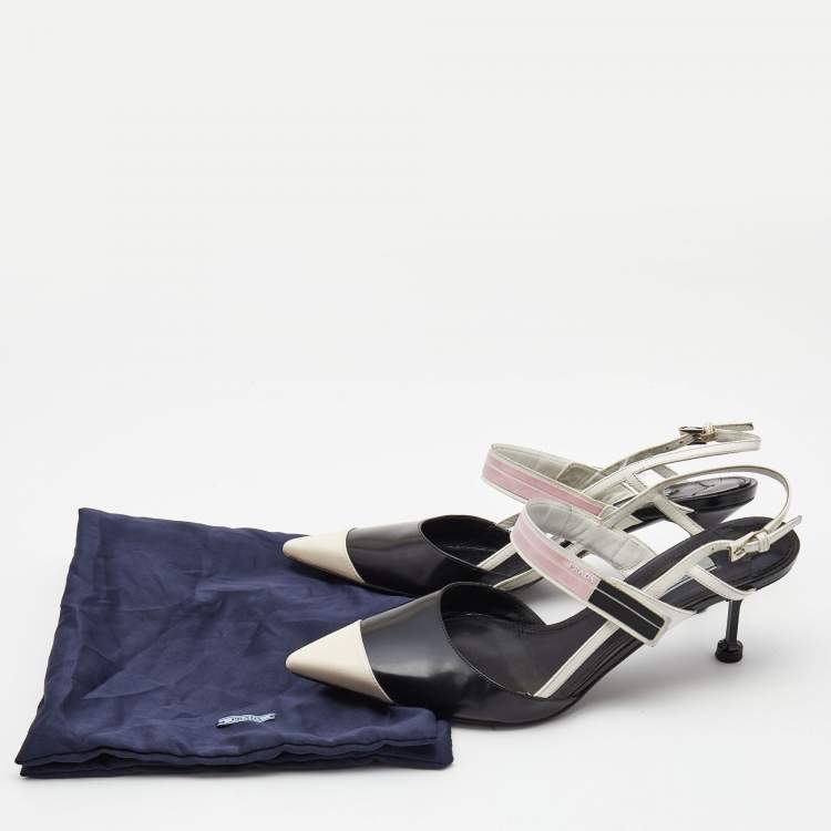 Pre Owned Prada Black/White Leather and Rubber Mary Jane Slingback Pumps Size 39.5