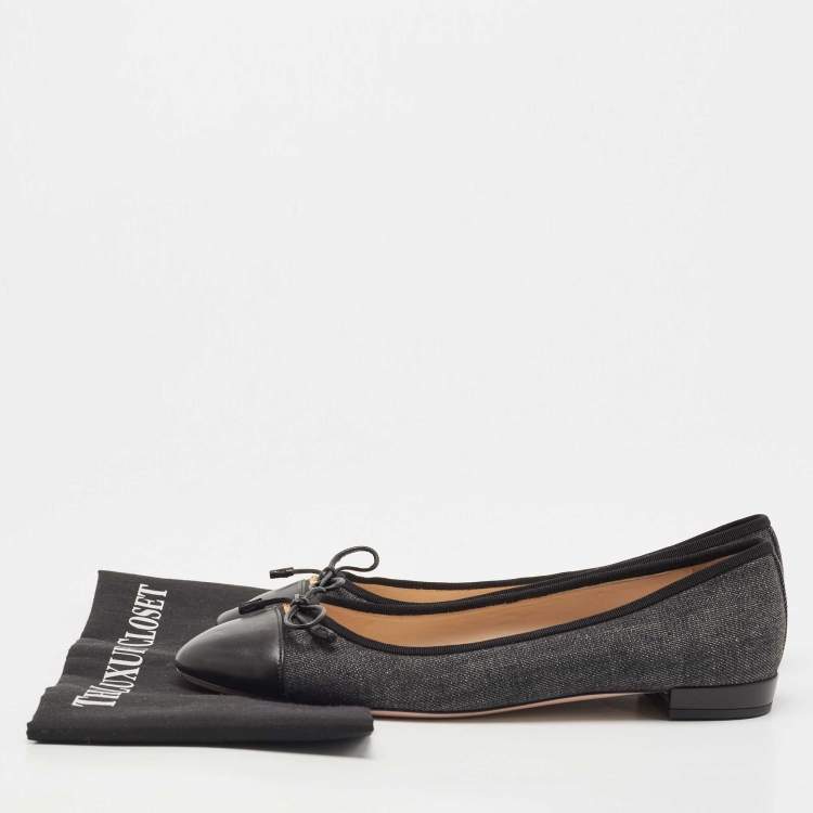 Pre Owned Prada Grey/Black Canvas and Leather Cap Toe Bow Ballet Flats Size 42