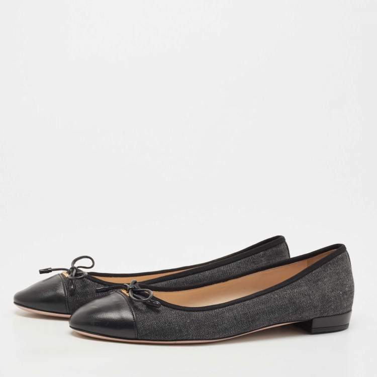 Pre Owned Prada Grey/Black Canvas and Leather Cap Toe Bow Ballet Flats Size 42