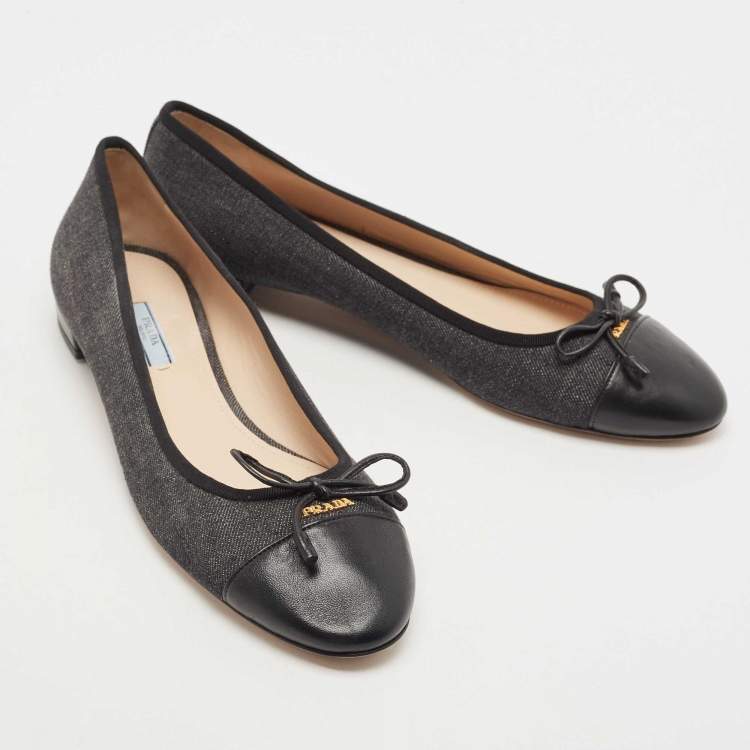 Pre Owned Prada Grey/Black Canvas and Leather Cap Toe Bow Ballet Flats Size 42