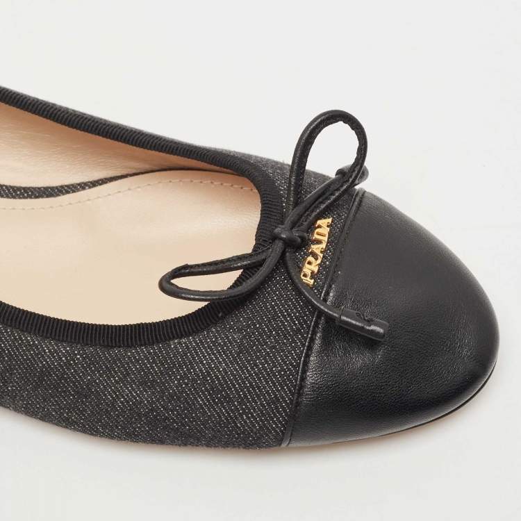 Pre Owned Prada Grey/Black Canvas and Leather Cap Toe Bow Ballet Flats Size 42