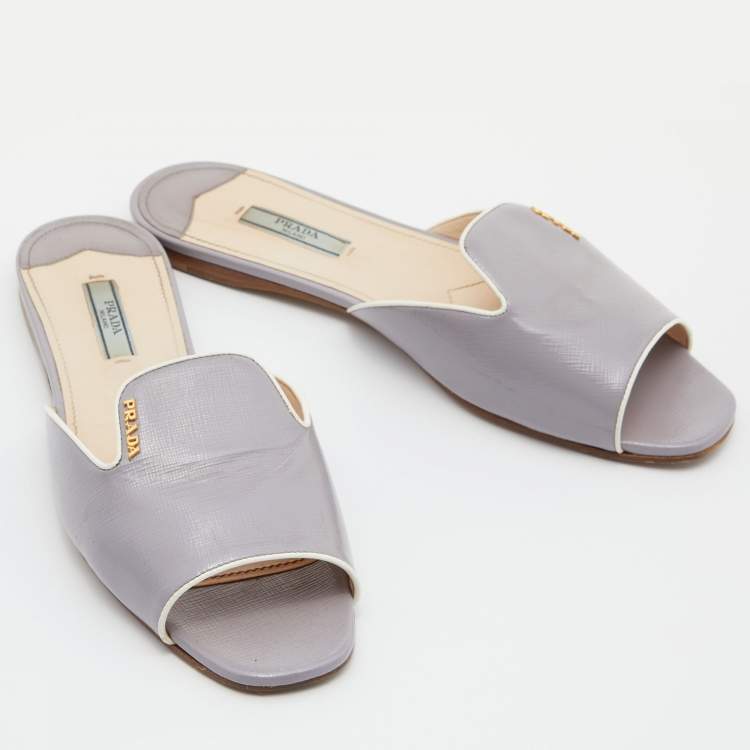Pre Owned Prada Grey Saffiano Patent Leather Flat Slides Size 39.5