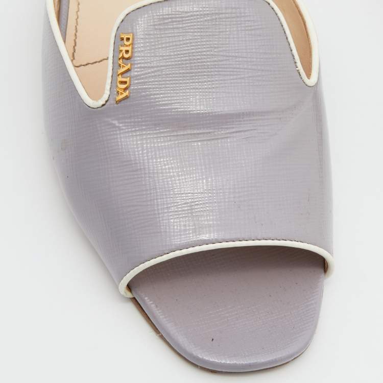 Pre Owned Prada Grey Saffiano Patent Leather Flat Slides Size 39.5
