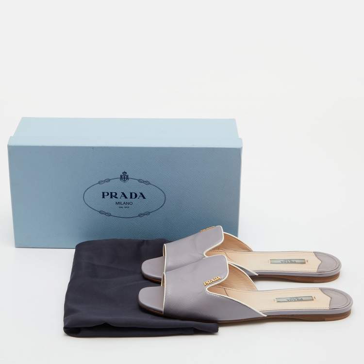 Pre Owned Prada Grey Saffiano Patent Leather Flat Slides Size 39.5