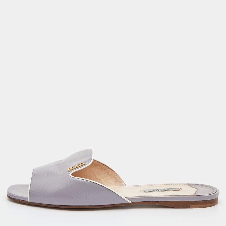 Pre Owned Prada Grey Saffiano Patent Leather Flat Slides Size 39.5