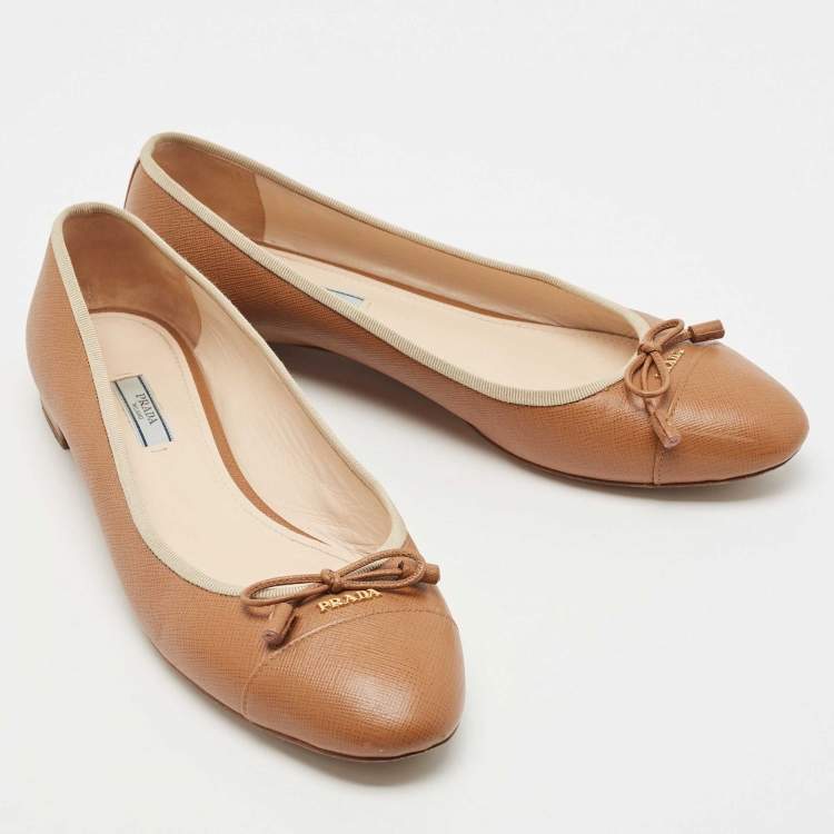 Pre Owned Prada Brown Leather Bow Ballet Flats Size 42